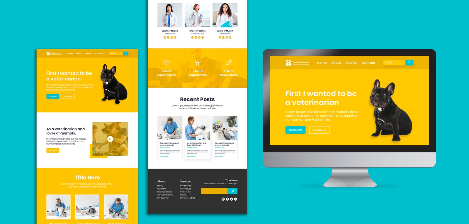 Maquetas de un sitio web diseñado para escritorio y móvil, con portada, servicios, artículos y pie de página